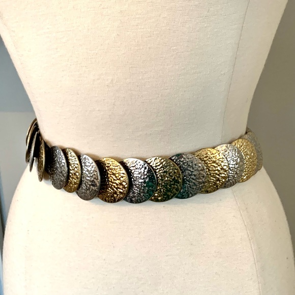 Vintage Metal Stretch Belt gold silver hammered coin circles S M L Disco retro - Picture 4 of 11